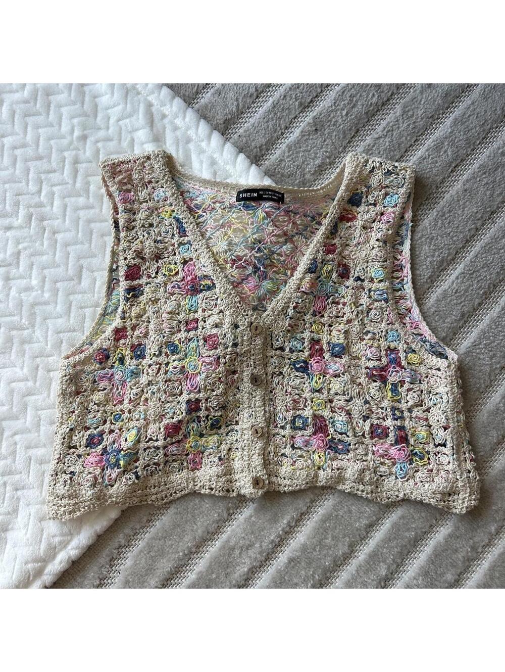 SHEIN multi-colored crochet vest with floral embroidery in a L #crochet #floral